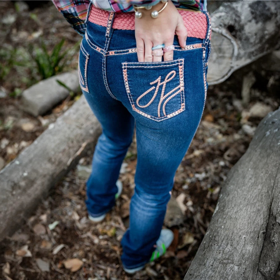 PITTSBURG MID RISE Boot Cut Jeans, 35 inch Leg. PEACH STITCH by Hitchley and Harrow SR2196
