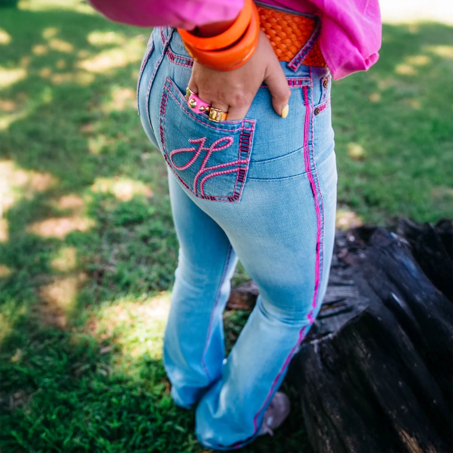 WESTHAM ULTRA HIGH RISE Boot Cut Jeans, 35 inch Leg. PINK METALLIC SWIRL STITCH by Hitchley and Harrow SR2219