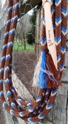 Mecate Rein 12 Strand, 22FT, with Core - Chocolate, Beige & Blue