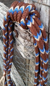Mecate Rein 12 Strand, 22FT, with Core - Chocolate, Beige & Blue