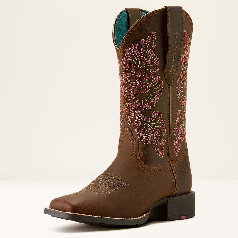 Ariat Womens Round Up Wide Square Toe Boots, Stretchfit - Sassy Brown