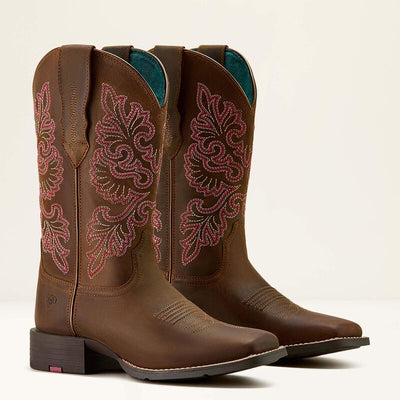 Ariat Womens Round Up Wide Square Toe Boots, Stretchfit - Sassy Brown