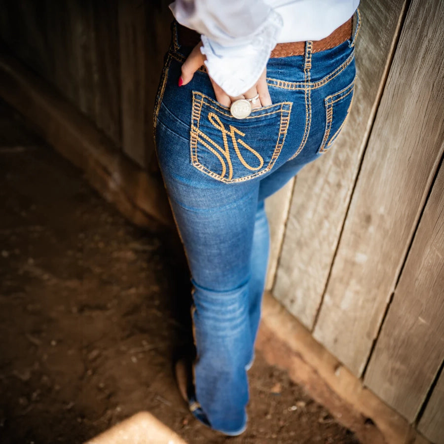 SAN ANTONIO ULTRA HIGH RISE Boot Cut Jeans, 35 inch Leg. TAN & METALLIC STITCH by Hitchley and Harrow SR2242a