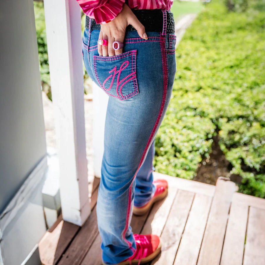 BOSTON MID RISE Boot Cut Jeans, 35 inch Leg. HOT PINK STITCH by Hitchley and Harrow SR2223