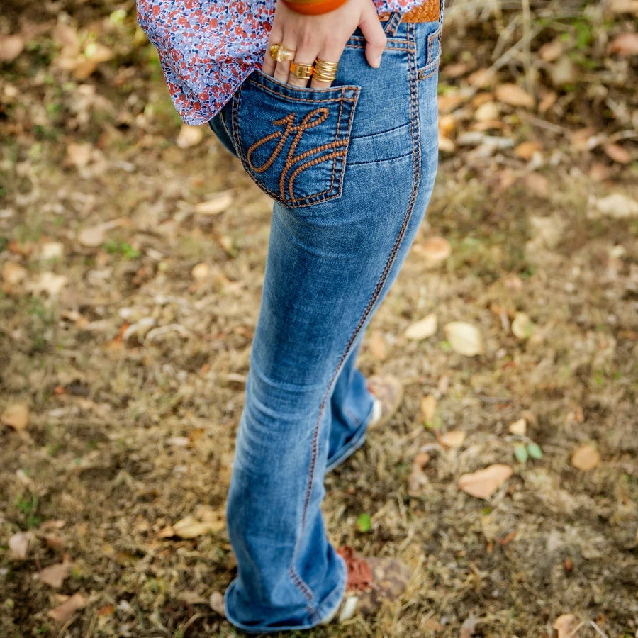 MASSACHUSETTS ULTRA HIGH RISE Boot Cut Jeans, 35 inch Leg. DEEP TAN STITCH by Hitchley and Harrow SR2248