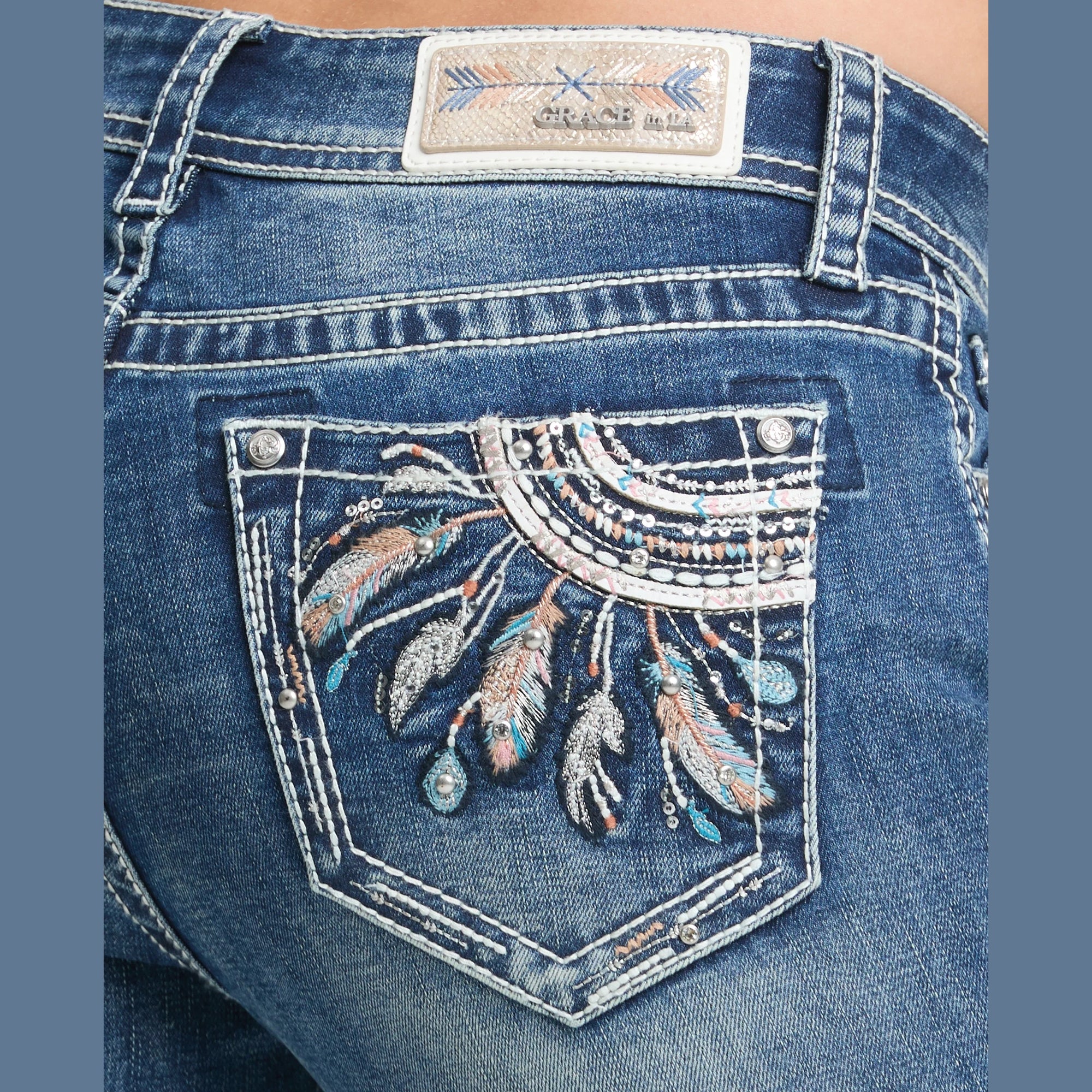 Grace in LA Dreamcatcher Embroidery Bootcut Jeans, 34" LEG - EB52051