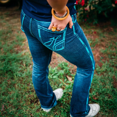 KENTUCKY ULTRA HIGH RISE Boot Cut Jeans, 35 inch Leg. TURQUOISE HEART STITCH by Hitchley and Harrow SR2165