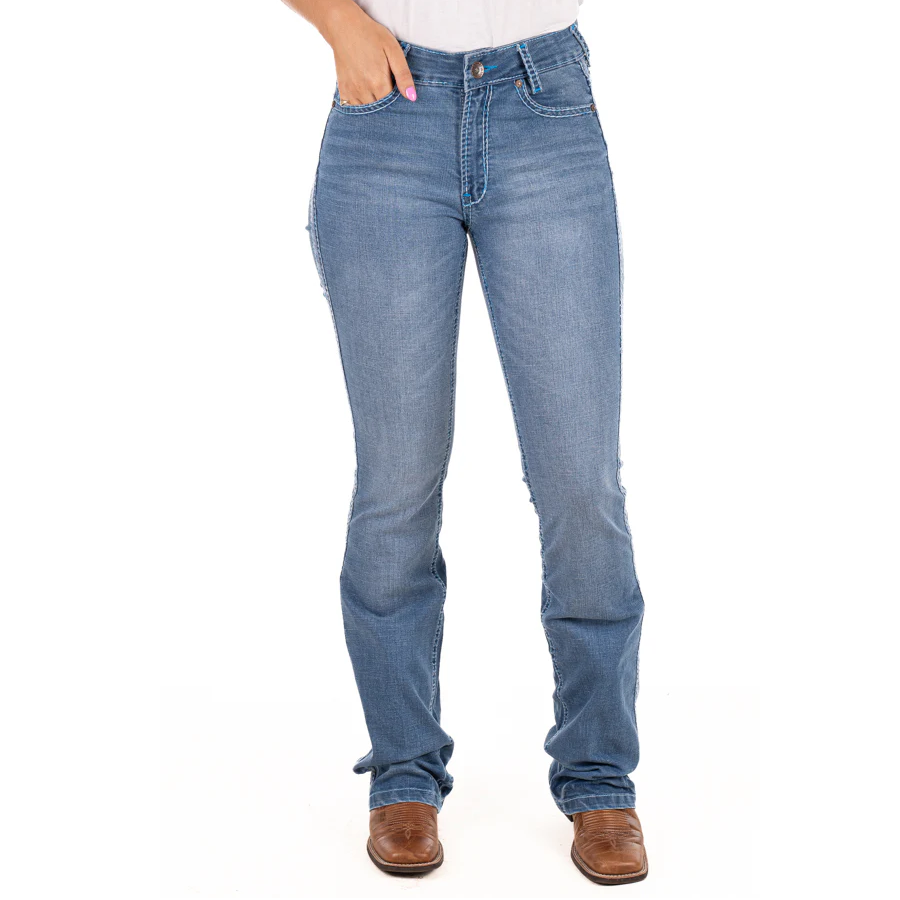 JACKSONVILLE ULTRA HIGH RISE Boot Cut Jeans, 35 inch Leg. BABY BLUE STITCH by Hitchley and Harrow SR2222