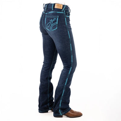 KENTUCKY ULTRA HIGH RISE Boot Cut Jeans, 35 inch Leg. TURQUOISE HEART STITCH by Hitchley and Harrow SR2165