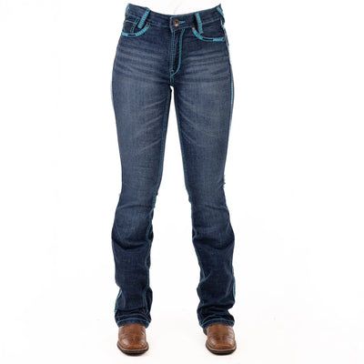 KENTUCKY ULTRA HIGH RISE Boot Cut Jeans, 35 inch Leg. TURQUOISE HEART STITCH by Hitchley and Harrow SR2165