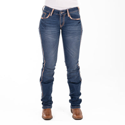 PITTSBURG MID RISE Boot Cut Jeans, 35 inch Leg. PEACH STITCH by Hitchley and Harrow SR2196