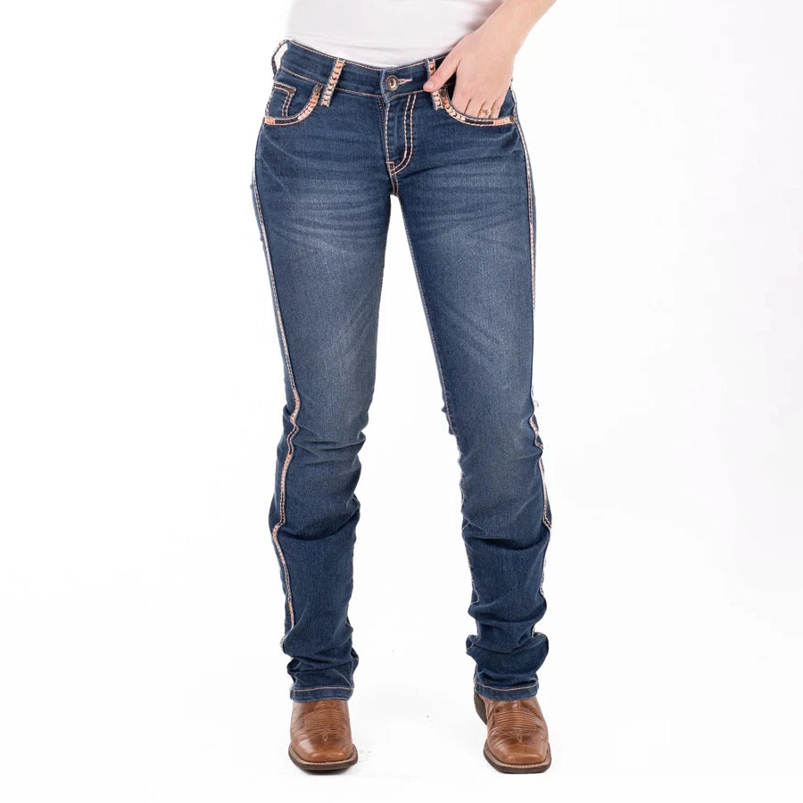 PITTSBURG MID RISE Boot Cut Jeans, 35 inch Leg. PEACH STITCH by Hitchley and Harrow SR2196