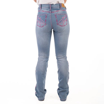 WESTHAM ULTRA HIGH RISE Boot Cut Jeans, 35 inch Leg. PINK METALLIC SWIRL STITCH by Hitchley and Harrow SR2219