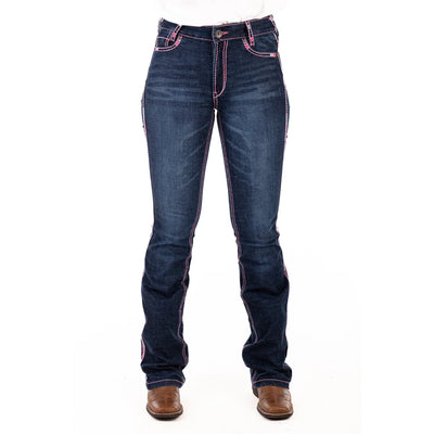 WEST HOLLYWOOD ULTRA HIGH RISE Boot Cut Jeans, 35 inch Leg. NEON PINK STITCH by Hitchley and Harrow SR2232