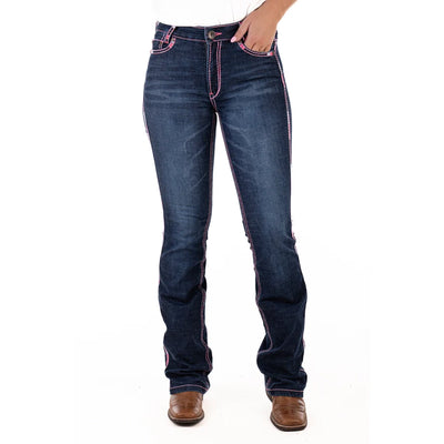 WEST HOLLYWOOD ULTRA HIGH RISE Boot Cut Jeans, 35 inch Leg. NEON PINK STITCH by Hitchley and Harrow SR2232