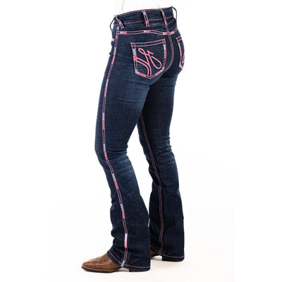 WEST HOLLYWOOD ULTRA HIGH RISE Boot Cut Jeans, 35 inch Leg. NEON PINK STITCH by Hitchley and Harrow SR2232