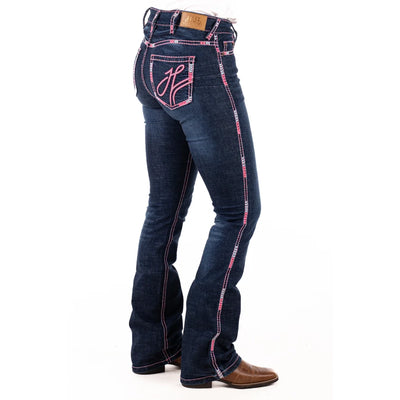 WEST HOLLYWOOD ULTRA HIGH RISE Boot Cut Jeans, 35 inch Leg. NEON PINK STITCH by Hitchley and Harrow SR2232