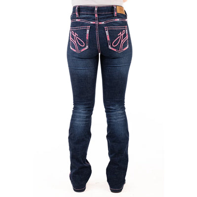 WEST HOLLYWOOD ULTRA HIGH RISE Boot Cut Jeans, 35 inch Leg. NEON PINK STITCH by Hitchley and Harrow SR2232