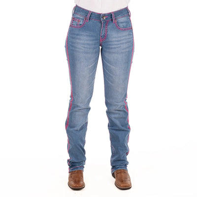 BOSTON MID RISE Boot Cut Jeans, 35 inch Leg. HOT PINK STITCH by Hitchley and Harrow SR2223