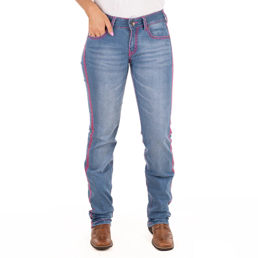 BOSTON MID RISE Boot Cut Jeans, 35 inch Leg. HOT PINK STITCH by Hitchley and Harrow SR2223