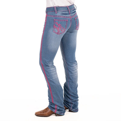 BOSTON MID RISE Boot Cut Jeans, 35 inch Leg. HOT PINK STITCH by Hitchley and Harrow SR2223