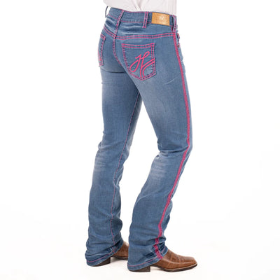 BOSTON MID RISE Boot Cut Jeans, 35 inch Leg. HOT PINK STITCH by Hitchley and Harrow SR2223