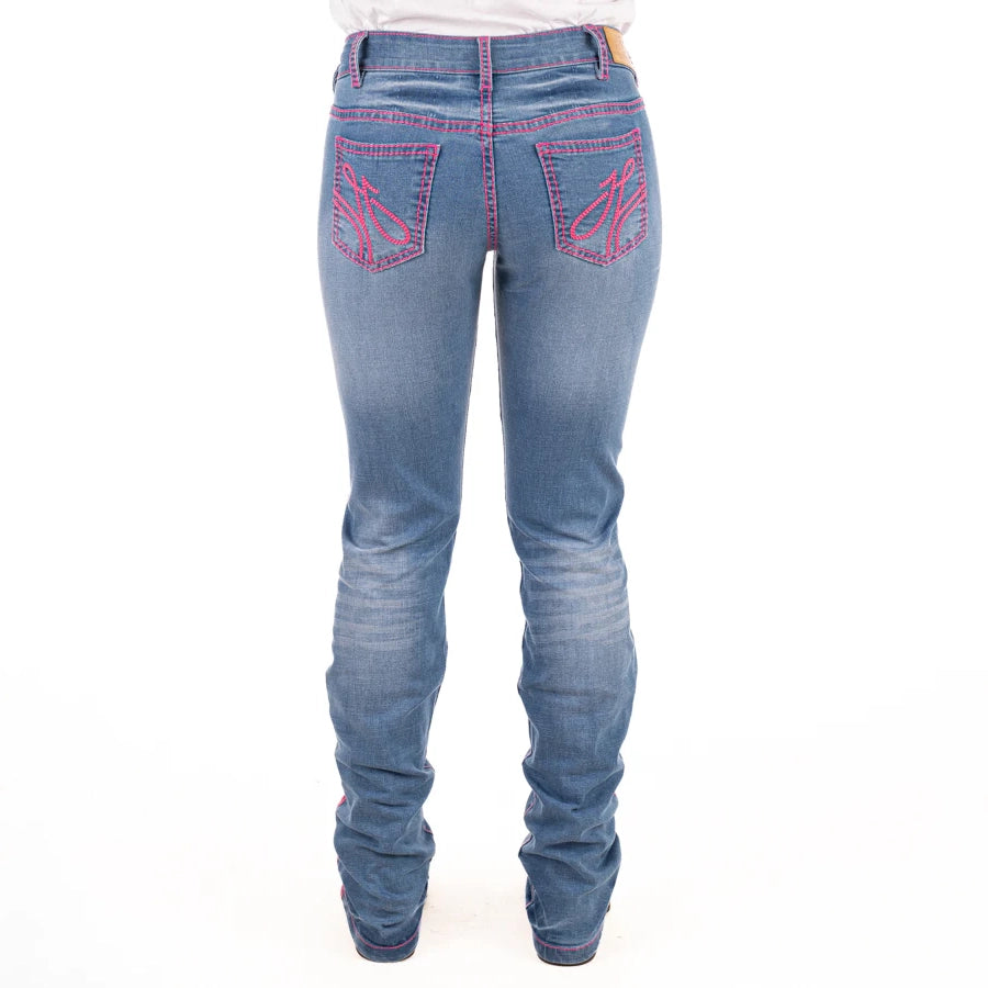 BOSTON MID RISE Boot Cut Jeans, 35 inch Leg. HOT PINK STITCH by Hitchley and Harrow SR2223