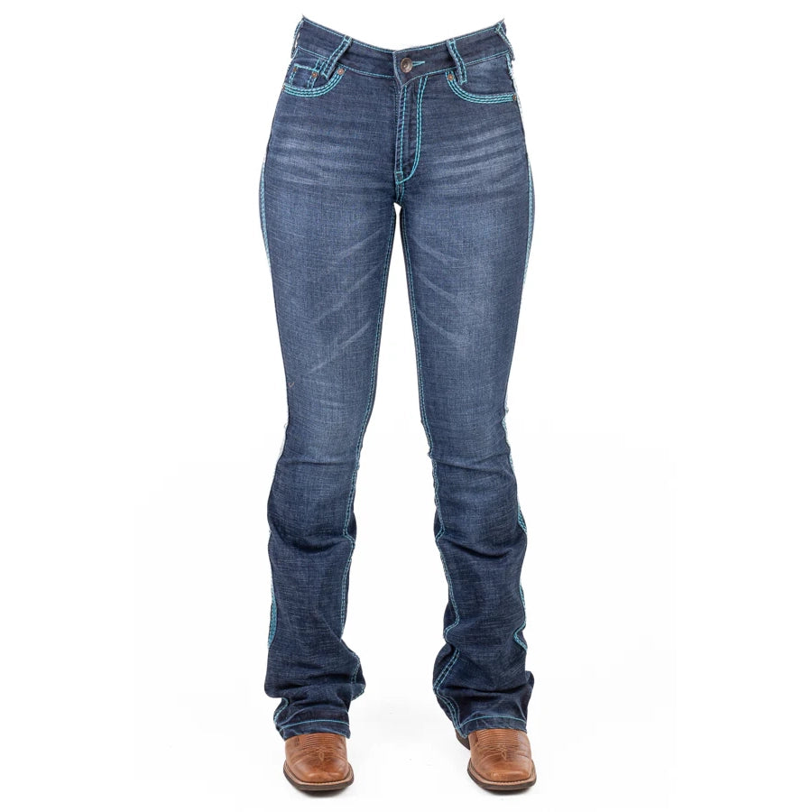 NAVADA ULTRA HIGH RISE Boot Cut Jeans, 35 inch Leg. TURQUOISE STITCH by Hitchley and Harrow SR2237
