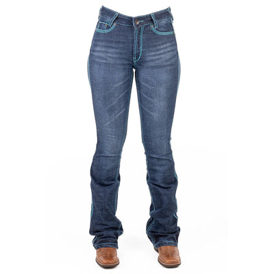 NAVADA ULTRA HIGH RISE Boot Cut Jeans, 35 inch Leg. TURQUOISE STITCH by Hitchley and Harrow SR2237