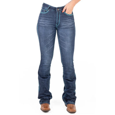 NAVADA ULTRA HIGH RISE Boot Cut Jeans, 35 inch Leg. TURQUOISE STITCH by Hitchley and Harrow SR2237