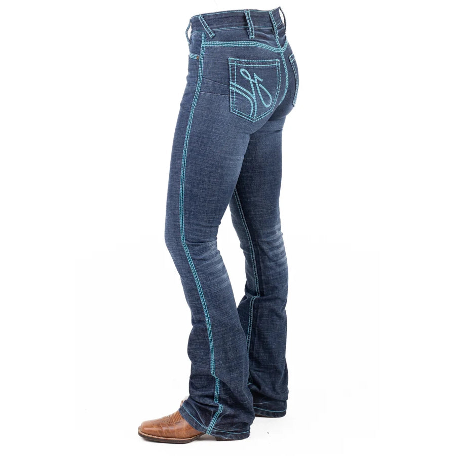 NAVADA ULTRA HIGH RISE Boot Cut Jeans, 35 inch Leg. TURQUOISE STITCH by Hitchley and Harrow SR2237