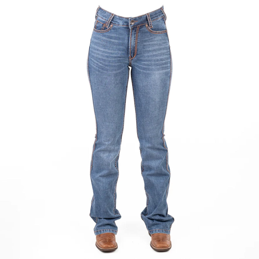 MASSACHUSETTS ULTRA HIGH RISE Boot Cut Jeans, 35 inch Leg. DEEP TAN STITCH by Hitchley and Harrow SR2248
