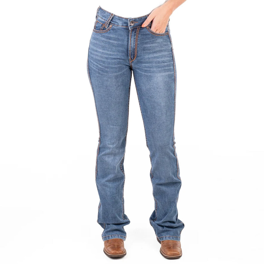 MASSACHUSETTS ULTRA HIGH RISE Boot Cut Jeans, 35 inch Leg. DEEP TAN STITCH by Hitchley and Harrow SR2248