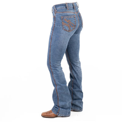 MASSACHUSETTS ULTRA HIGH RISE Boot Cut Jeans, 35 inch Leg. DEEP TAN STITCH by Hitchley and Harrow SR2248