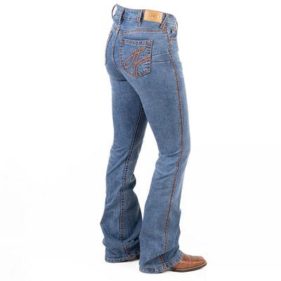 MASSACHUSETTS ULTRA HIGH RISE Boot Cut Jeans, 35 inch Leg. DEEP TAN STITCH by Hitchley and Harrow SR2248