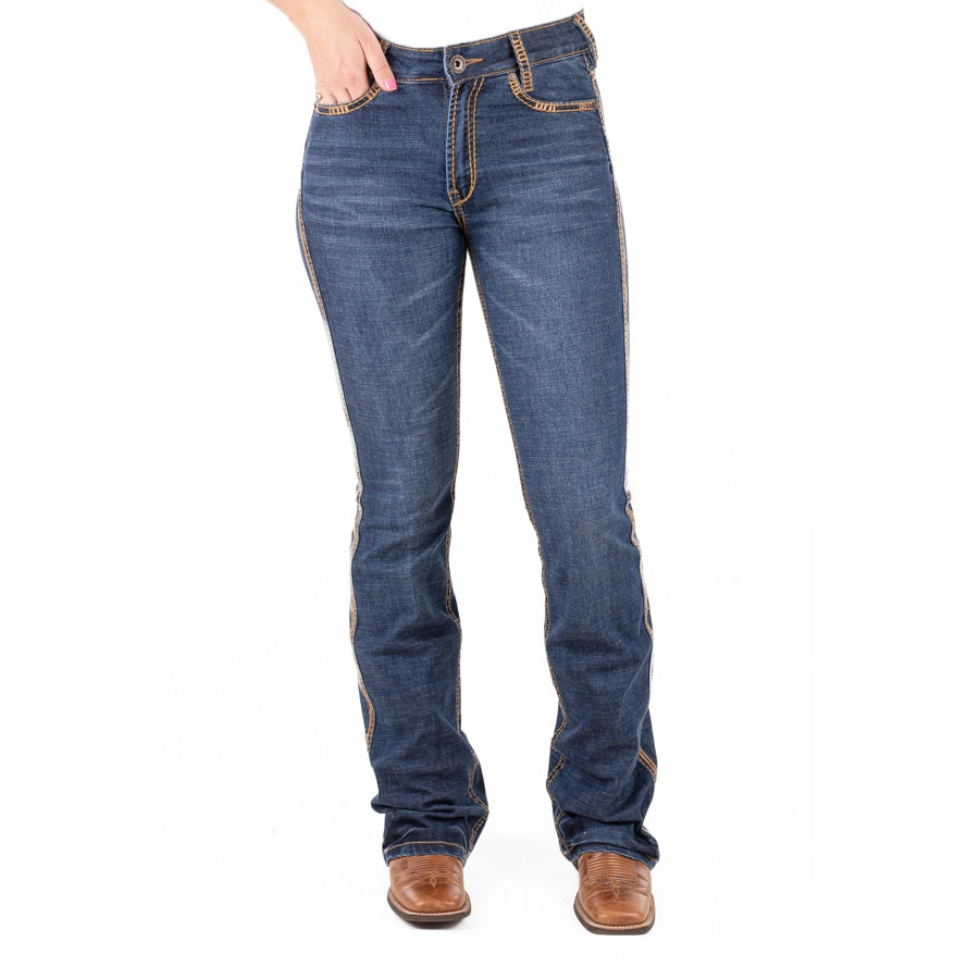 SAN ANTONIO ULTRA HIGH RISE Boot Cut Jeans, 35 inch Leg. TAN & METALLIC STITCH by Hitchley and Harrow SR2242a