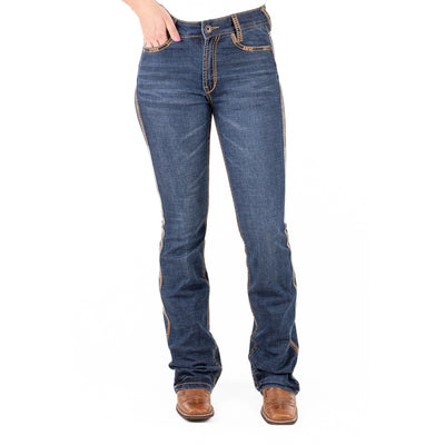 SAN ANTONIO ULTRA HIGH RISE Boot Cut Jeans, 35 inch Leg. TAN & METALLIC STITCH by Hitchley and Harrow SR2242a