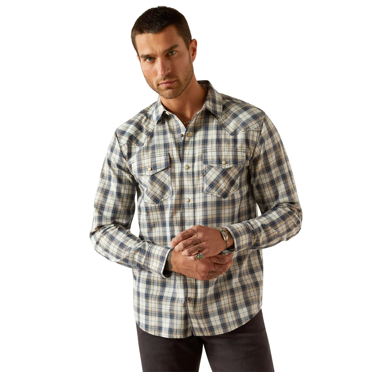 ARIAT MENS HAMPTON RETRO FIT LONG SLEEVE SHIRT - NAVY
