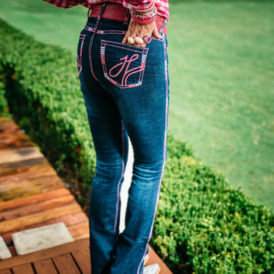 WEST HOLLYWOOD ULTRA HIGH RISE Boot Cut Jeans, 35 inch Leg. NEON PINK STITCH by Hitchley and Harrow SR2232