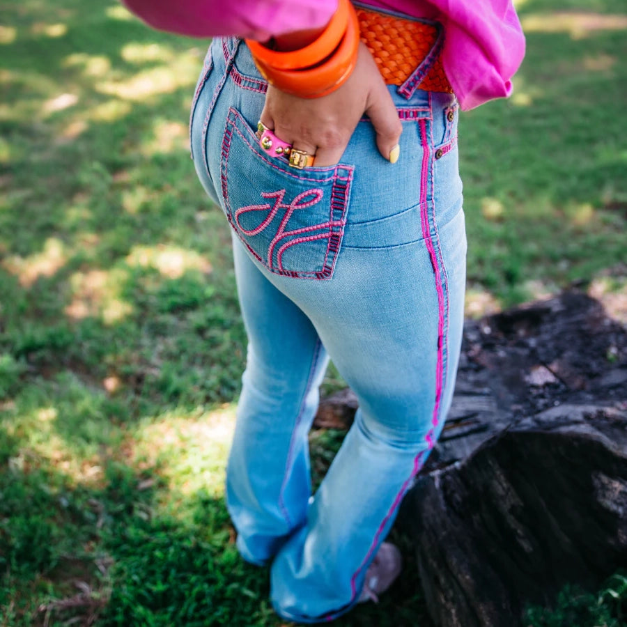 WESTHAM ULTRA HIGH RISE Boot Cut Jeans, 35 inch Leg. PINK METALLIC SWIRL STITCH by Hitchley and Harrow SR2219