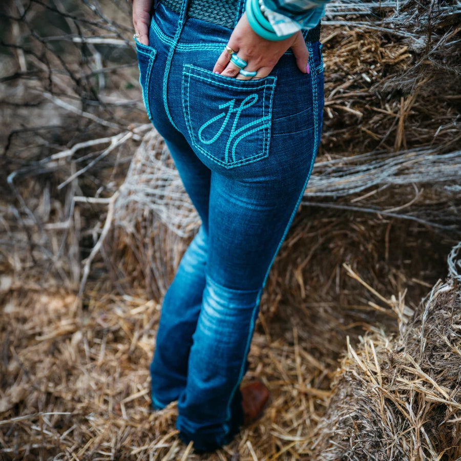 NAVADA ULTRA HIGH RISE Boot Cut Jeans, 35 inch Leg. TURQUOISE STITCH by Hitchley and Harrow SR2237