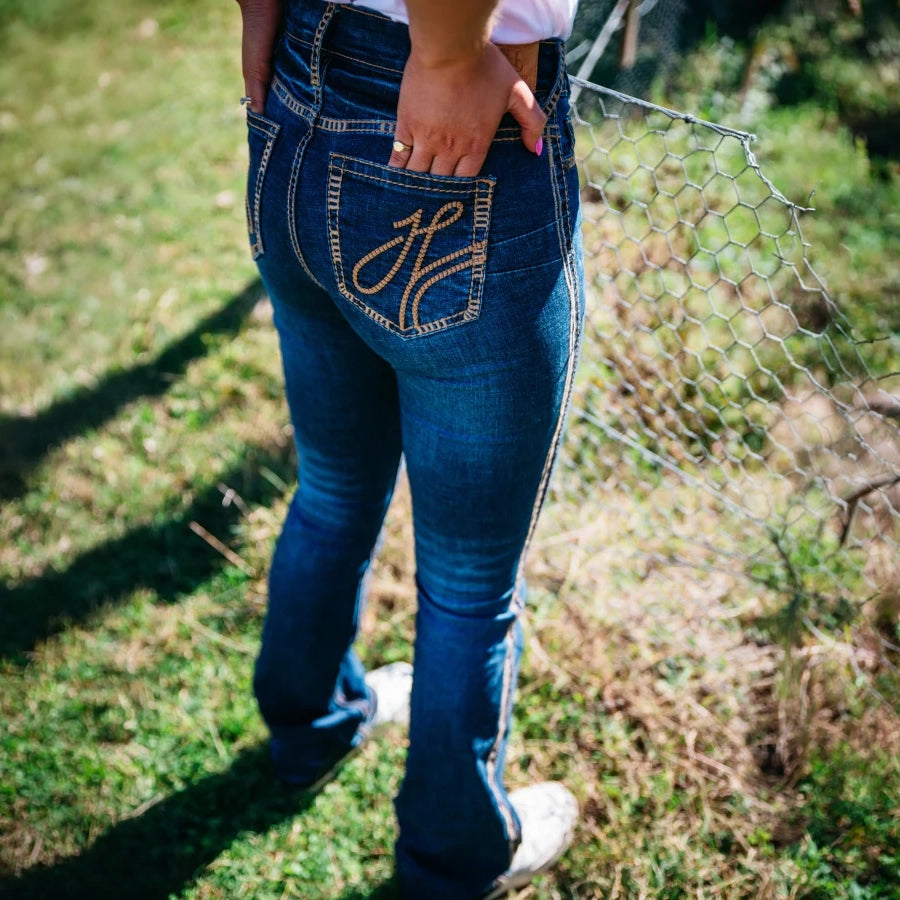 H&H CORE ULTRA HIGH RISE Boot Cut Jeans, 35 inch Leg. TAN STITCH by Hitchley and Harrow SR2242