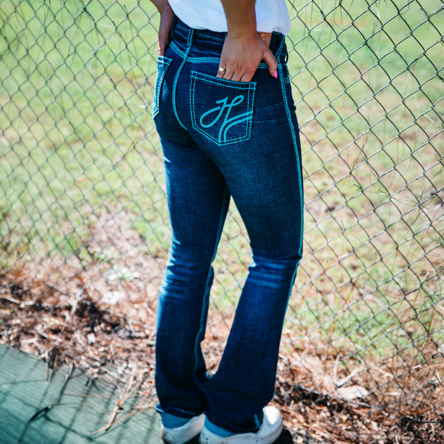H&H CORE ULTRA HIGH RISE Boot Cut Jeans, 35 inch Leg. TURQUOISE STITCH by Hitchley and Harrow SR2243