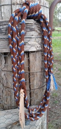 Mecate Rein 12 Strand, 22FT, with Core - Chocolate, Beige & Blue